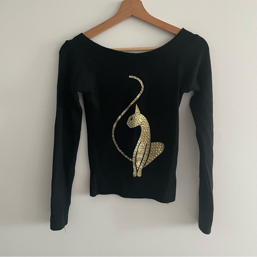 Baby Phat Y2K Black and Gold Boat Neck Sweater